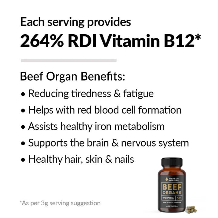Beef organ supplement bottle with vitamin B12 benefits text on a white background