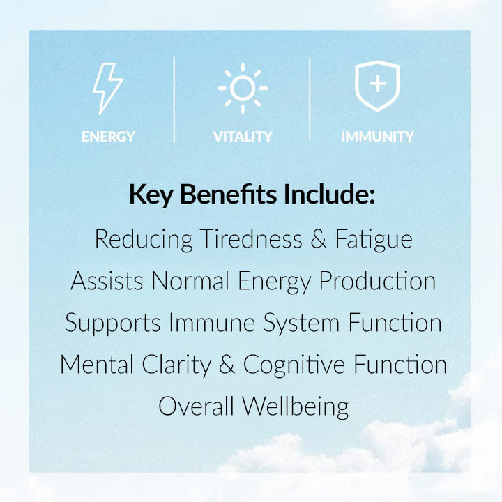 List of key benefits on a blue background with icons for energy, vitality, and immunity.
