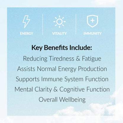 List of key benefits on a blue background with icons for energy, vitality, and immunity.
